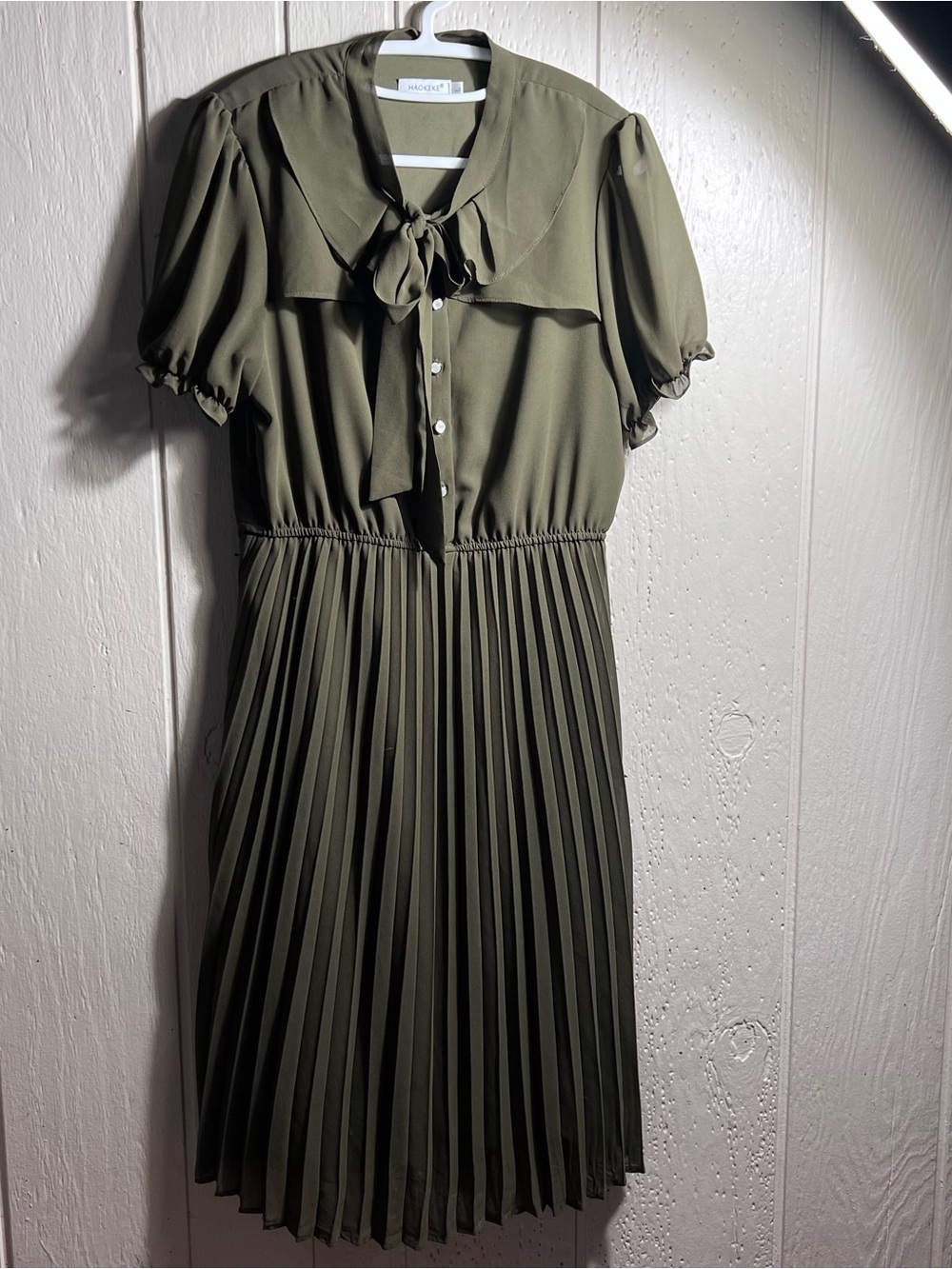 Sage Green Pleated Midi Dress with Tie Neck